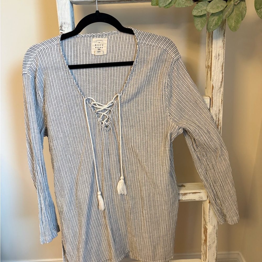 Women’s Billabong Striped Lace-Up V-Neck Top in Blue and White